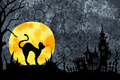 istock Black silhouette of a cat, bright moon, gothic castle, textured night background. Hand drawn watercolor illustration. Halloween design, horror scenes 1347704667