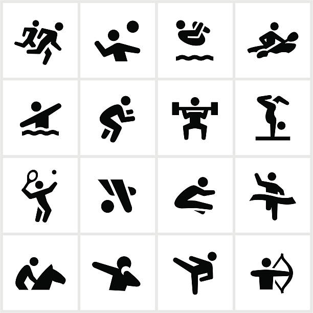 Black Summer Games Icons Summer games related icons. All white strokes/shapes are cut from the icons and merged allowing the background to show through. equipacion fútbol stock illustrations