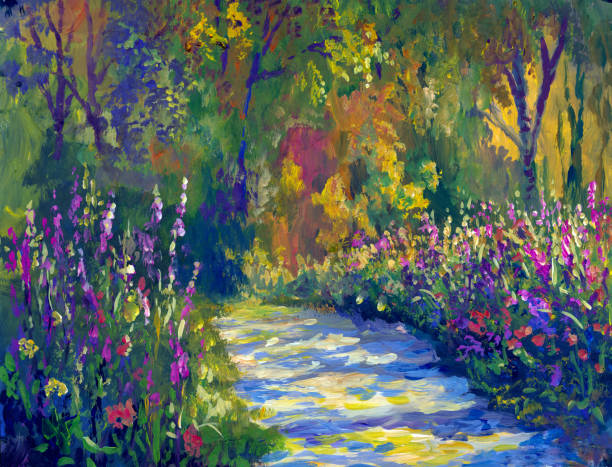 blooming alley in the park on a sunny day, painting in the style of impressionism vector art illustration