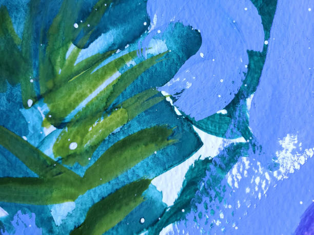 Blue and green gouache blot on white background, splashes and strokes vector art illustration