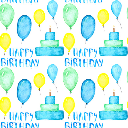 青緑黄色の水彩の誕生日のシームレスなパターンと風船ケーキと白の背景にハッピーバースデーに署名無限の休日の壁紙 お祝いのベクターアート素材や画像を多数ご用意 Istock