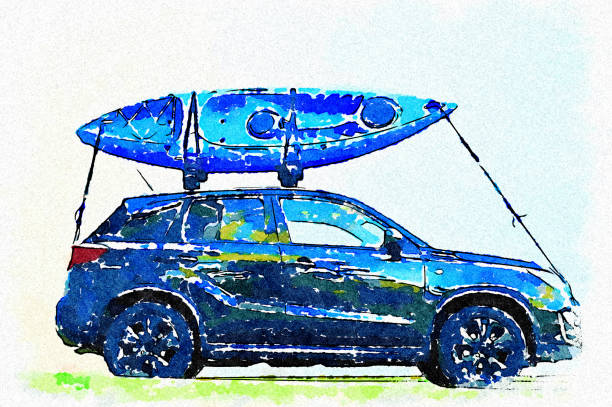 синяя байдарка на автомобиле с ремешком безопасности - johnson & johnson stock illustrations