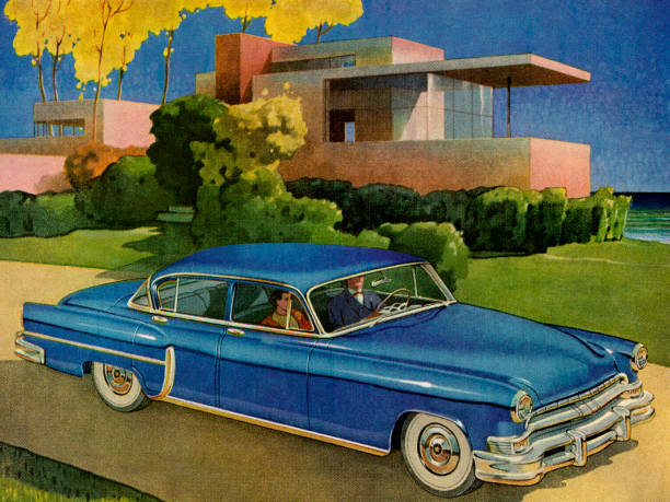 bildbanksillustrationer, clip art samt tecknat material och ikoner med blue vintage car in front of house - house with 2 cars