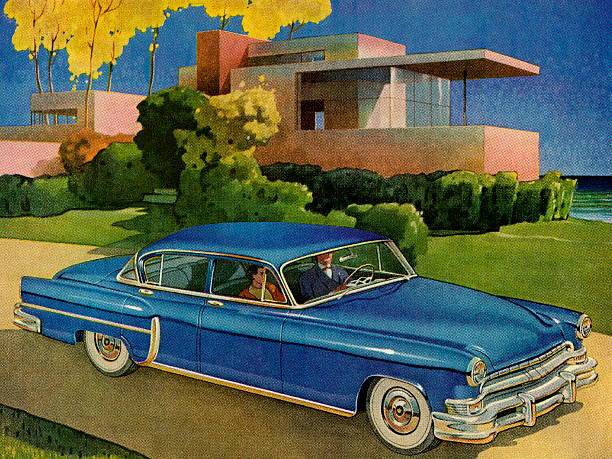 bildbanksillustrationer, clip art samt tecknat material och ikoner med blue vintage car infront of house - house with 2 cars