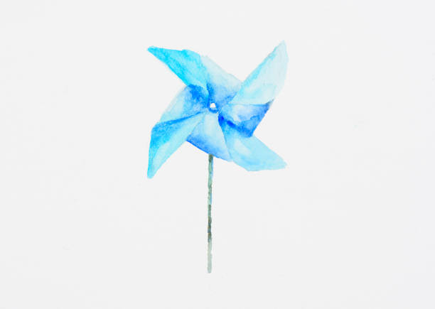 Blue wind turbine watercolor painting vector art illustration