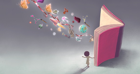Books of imagination. Surreal art. fantasy painting. Concept idea of education dream and reading.