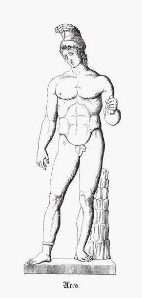 Borghese Ares, Greek-Roman sculpture, Louvre, Paris, wood engraving, published 1868 Ares - Greek god of war. Wood engraving after a Roman marble sculpture (Borghese Ares, 1st or 2nd century AD) in the Musee du Louvre, Paris, France, published in 1868. ares god stock illustrations