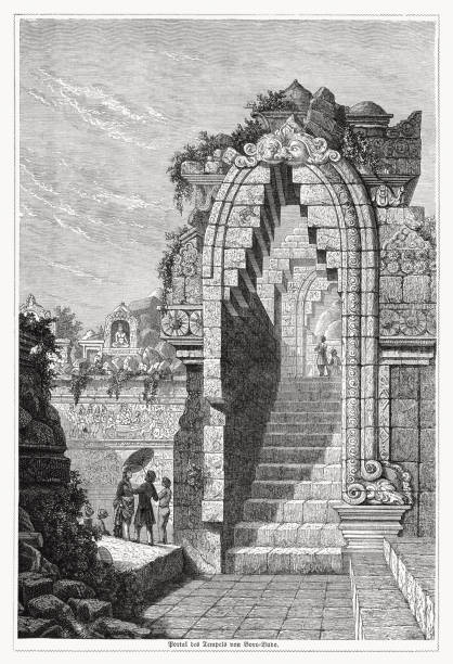 stockillustraties, clipart, cartoons en iconen met borobudur tempel in midden-java, indonesië, houtgravure, uitgegeven 1868 - old stone stair