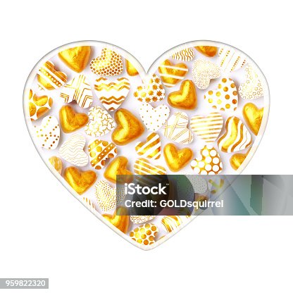 istock A box of chocolates in the shape of tiny hearts wrapped in luxurious gold foil with cute hand-painted various patterns design - an elegant greeting card 959822320