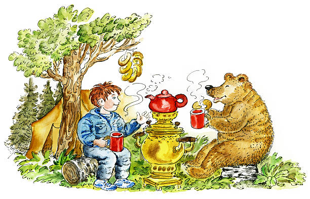 Boy and bear drinking tea "Cute boy and bear drinking tea in forest. Illustration, hand painted by photographer" curley cup stock illustrations