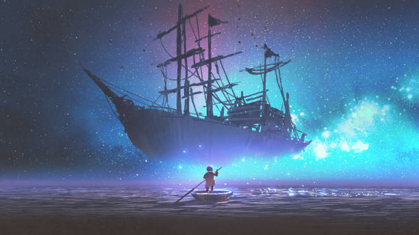 boy on a boat looking the sailing ship little boy rowing a boat in the sea and looking at the sailing ship floating in starry sky, digitl art style, illustration painting fantasy stock illustrations