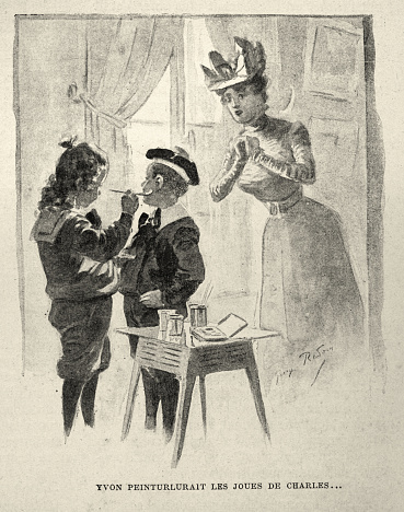 Vintage illustration, Boy painting another childs face, Victorian 19th Century