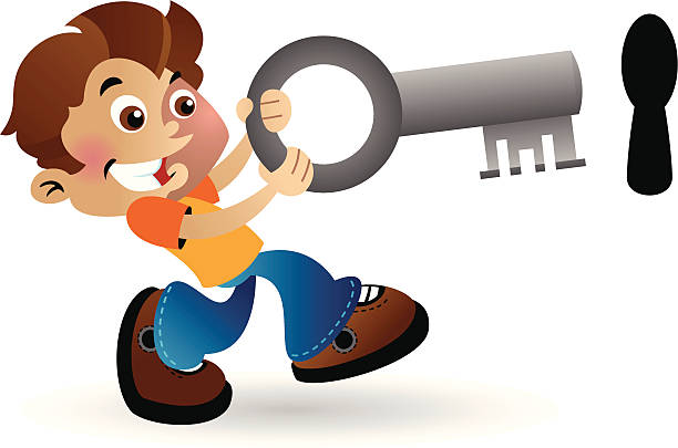 Boy with a large key vector art illustration