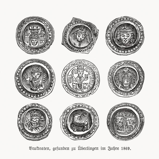 Bracteates from Überlingen, Germany, found 1869, woodcuts, published 1893 vector art illustration
