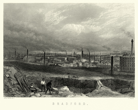 Vintage engraving of Bradford, West Yorkshire, 19th Century. A skyline full of factories, mills and chimney stacks.