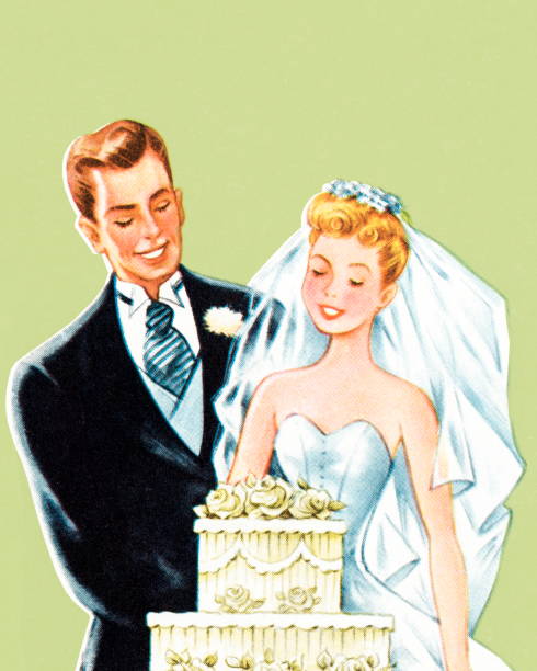 ilustrações de stock, clip art, desenhos animados e ícones de noiva e noivo - serving a slice of cake