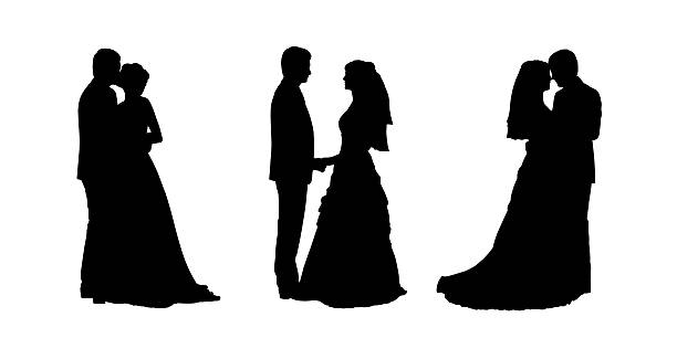 bride and groom silhouettes set 1 black silhouettes of bride and groom together in various postures, profile views wedding silhouettes stock illustrations