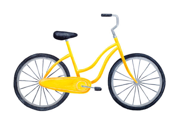 Bright yellow colorful bicycle. Symbol of freedom, summer, movement, fun, health, eco friendly transportation. One single object. Hand drawn watercolour graphic painting on white, cut out clip art. cycling drawings stock illustrations