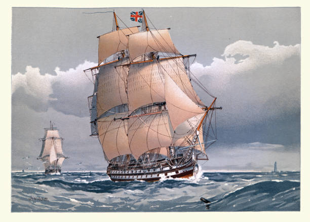 British Royal navy warship, 74 gun Ship of the line, 1794, late 18th Century vector art illustration