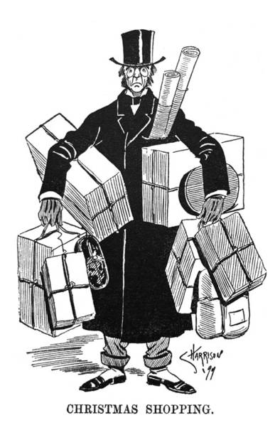 British satire comic cartoon caricatures illustrations - Man in tophat and overcoat carying many Christmas packages From Punch's Almanack 1899. shopping drawings stock illustrations