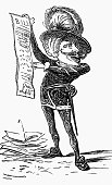 istock British satire comic cartoon caricatures illustrations - man with a large feather in his cap holding up a document 1340525491