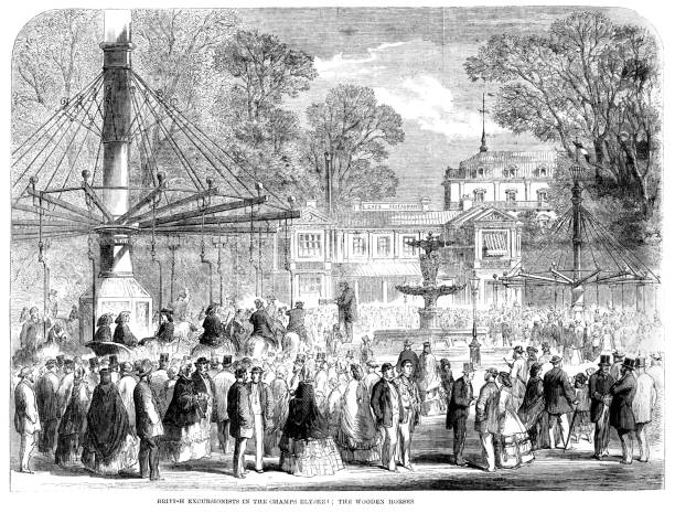 British tourists in Paris Vintage engraving from 1861 of British tourists in the Champs Elysees on the Wooden Horses or merry go round carousel horses stock illustrations