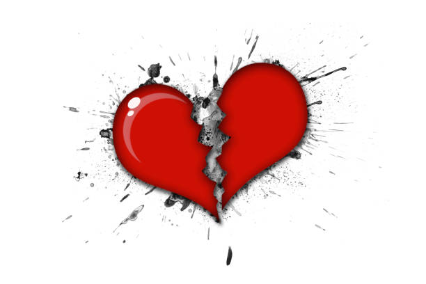 Broken heart with black blood on white background Broken heart with black blood stains on a white background. Bloody heart symbol of unrequited love or heart disease and heart attack divorce patterns stock illustrations