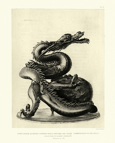 Vintage engraving of Bronze sculpture of a dragon, Japanese 19th Century