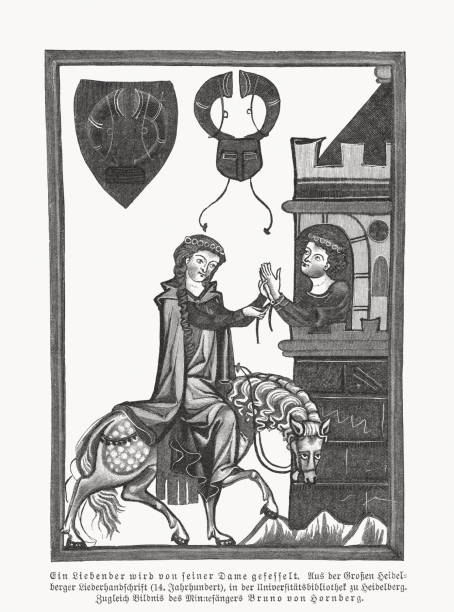stockillustraties, clipart, cartoons en iconen met bruno von hornberg (codex manesse, ca. 1300), facsimile, houtsnede, 1897 - castle couple