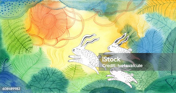 istock Bunnies on watercolour background 608489982