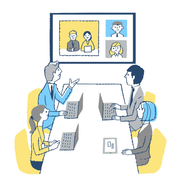 illustrations, cliparts, dessins animés et icônes de hommes d’affaires ayant une réunion dans la salle de conférence et en ligne - réunion de travail