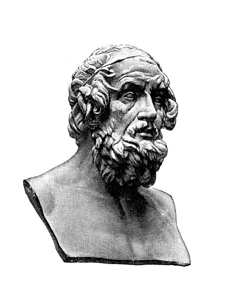 ilustrações de stock, clip art, desenhos animados e ícones de bust and marble head of homerus ancient greek epic poet, reputed author of the iliad and the odyssey - medial object