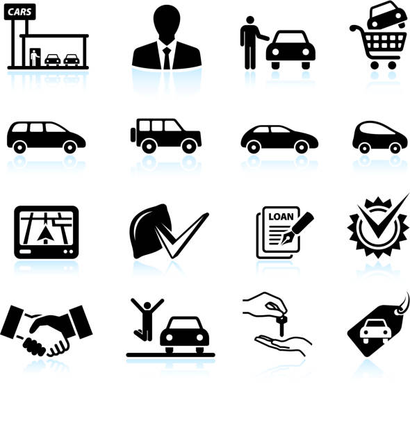 покупка нового автомобиля на салона & белый значок набор черный - car dealership stock illustrations