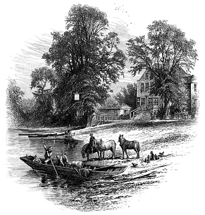 Ferrymen plying their trade at the Bells of Ouseley Inn, on the River Thames at Runnymede. Illustration from 