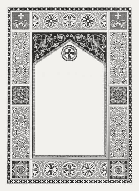Byzantine ornament frame with copy space, wood engraving, published 1884 Byzantine ornament frame with copy space for text. Wood engraving, published in 1884. byzantine stock illustrations
