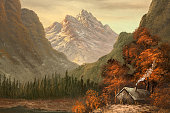 istock Cabin by the Lake Vintage Oil Painting 1353307239