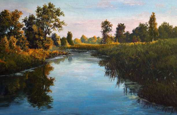 calm river on a summer evening, oil painting calm river on a summer evening, oil painting landscape painting stock illustrations