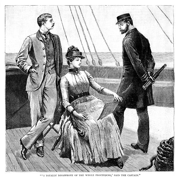 Captain with man and woman on deck from 1883 journal vector art illustration