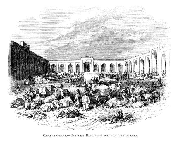 Caravanserai - a resting place for travellers (Victorian engraving) "A Caravanserai - an aEastern resting-place for travellersai. Engraving from aPleasant Hours: A Monthly Journal of Home Reading and Sunday Teaching; Volume IIIai published the Church of Englandaas National Societyaas Depository, London, in 1863." silk road stock illustrations