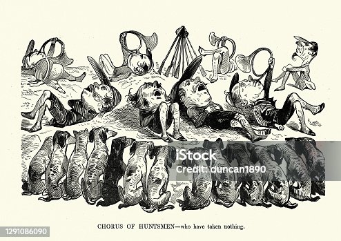 istock Caricature of group of bored sleeping huntsmen and their dogs 1291086090