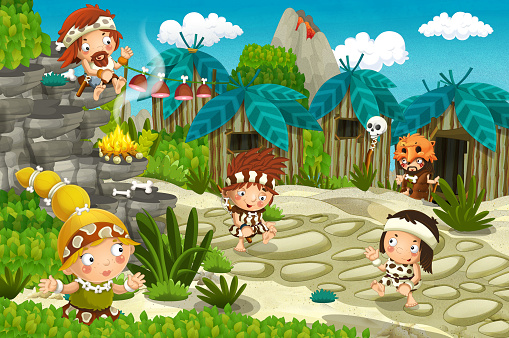 https www istockphoto com vector cartoon caveman village scene with volcano in the background stone age gm1129225476 298223666