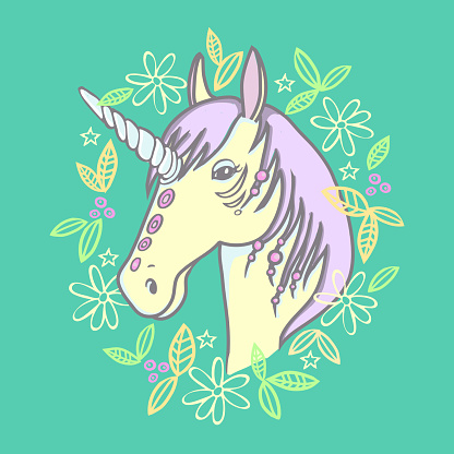 Dessin Anim Doodle Licorne Portrait Avec Cadre De Fleurs Dessin Anim Doodle Licorne Portrait Avec Cadre De Fleurs
