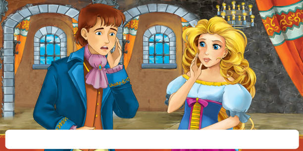 stockillustraties, clipart, cartoons en iconen met cartoon fairy tale scene-met prins en prinses-huwelijk - castle couple