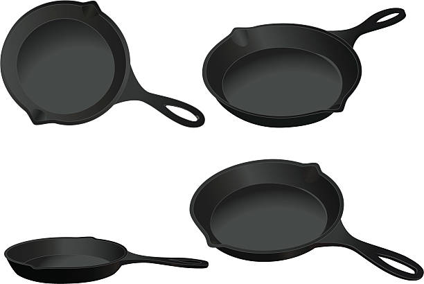 Cast Iron Skillets Illustration of four cast iron skillets. cooking pan stock illustrations