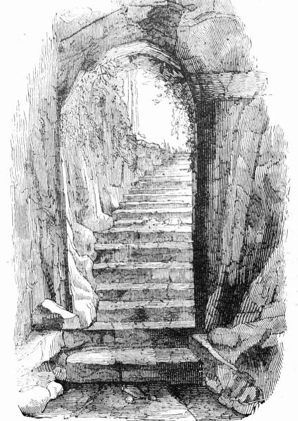 stockillustraties, clipart, cartoons en iconen met catacomben in rome: ingang van st. praetextatus - old stone stair