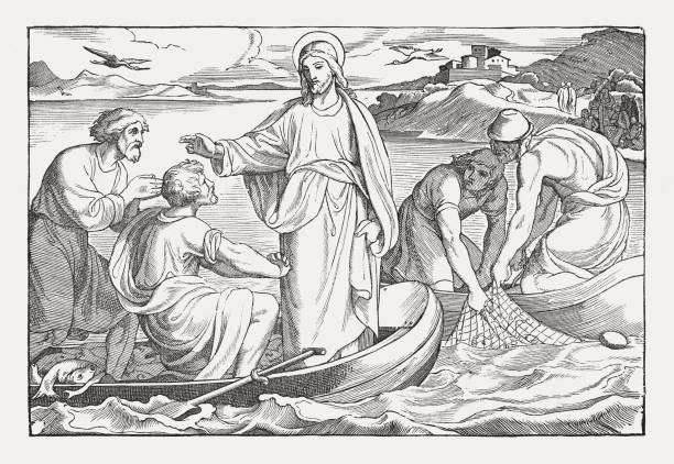 Catch of fish of Peter (Luke 5, 1-11), published 1850 The catch of fish of Peter (Luke 5, 1-11). Wood engraving, published in 1850. gospel stock illustrations