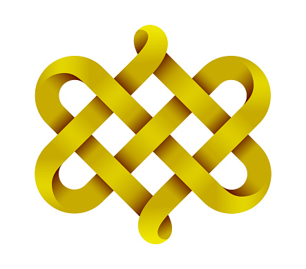 Celtic knot made of interweaved golden mobius stripes as two twisted hearts symbol. 3d illustration isolated on white background.