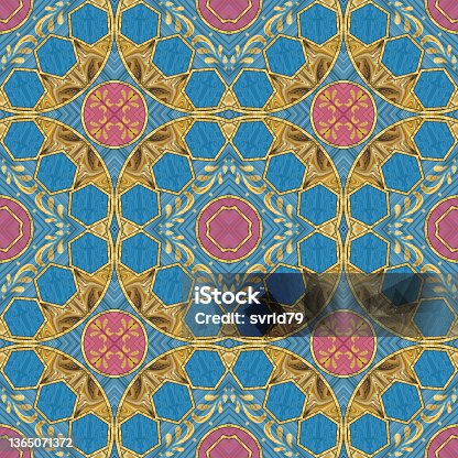 istock Ceramic tile pattern. Ethnic ornament. Oriental seamless pattern. Illustration in stained glass style. Geometric openwork. Art deco. Print for wallpaper, T-shirts, linens or wrapping, textile 1365071372