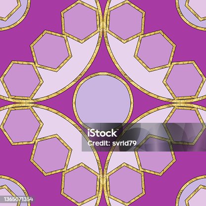 istock Ceramic tile pattern. Modern ornament. Geometric seamless pattern. Illustration in stained glass style. Geometric openwork. Art deco. Print for wallpaper, T-shirts, linens or wrapping, textile 1365071354