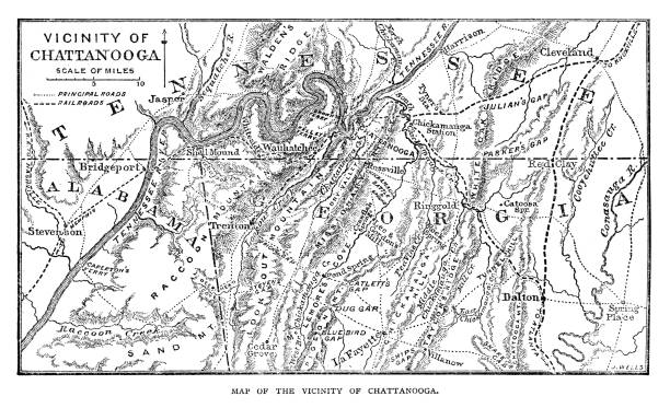 Chattanooga Map Chattanooga Map - Scanned 1887 Engraving tennessee river stock illustrations